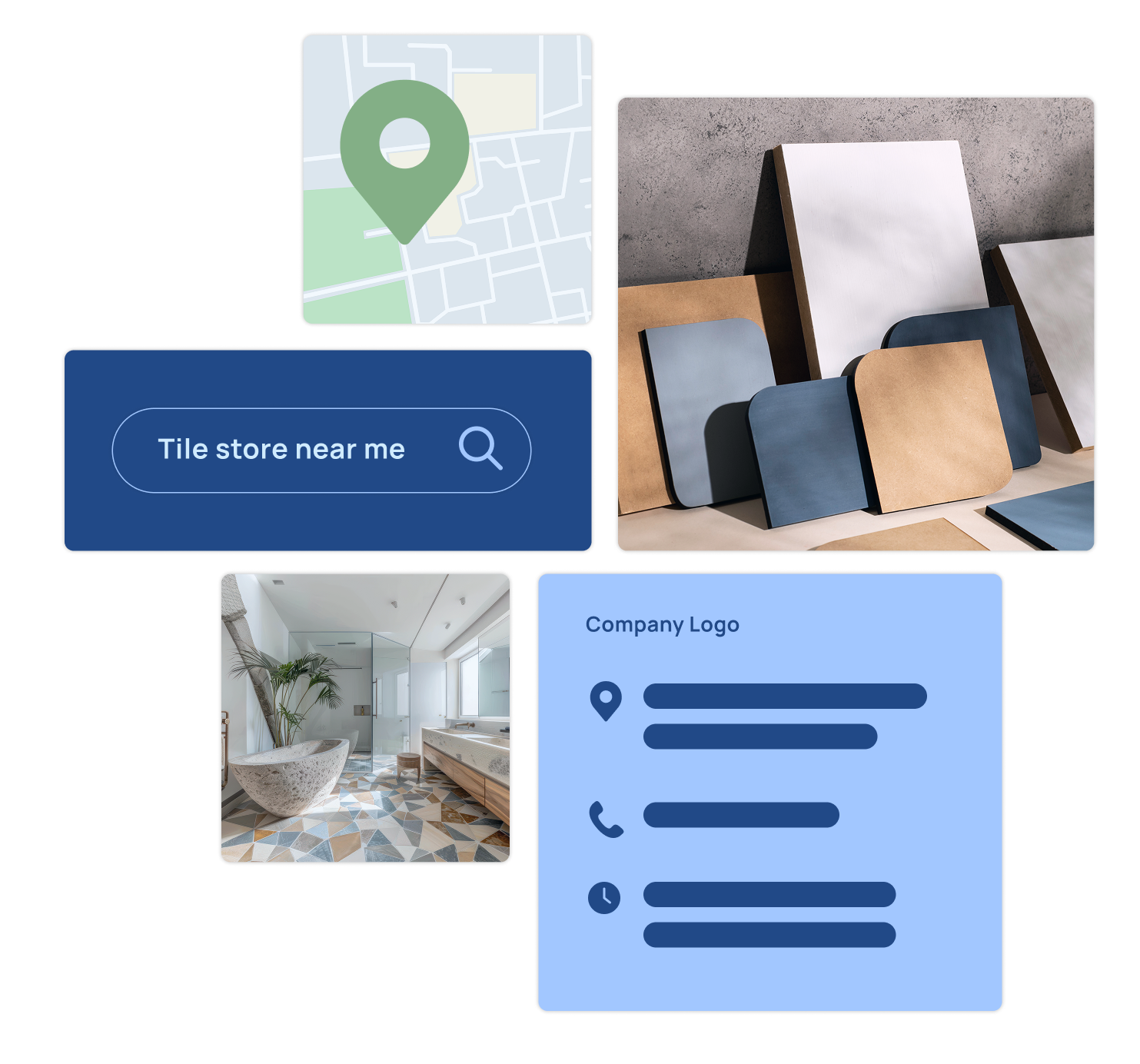 A collage featuring a map with a location pin, a search bar reading Tile store near me, displays of tile samples, a modern bathroom with patterned tiles, and a company info card with placeholder contact details.