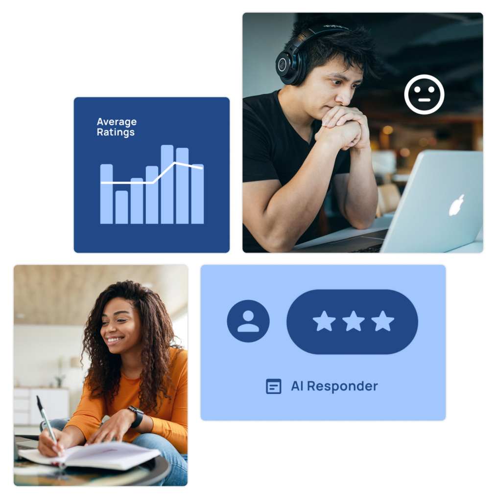 A collage showing a man with headphones looking at a laptop, a woman writing in a notebook, a bar chart labeled Average Ratings, and a graphic with a 5-star rating and text AI Responder—highlighting reputation management.