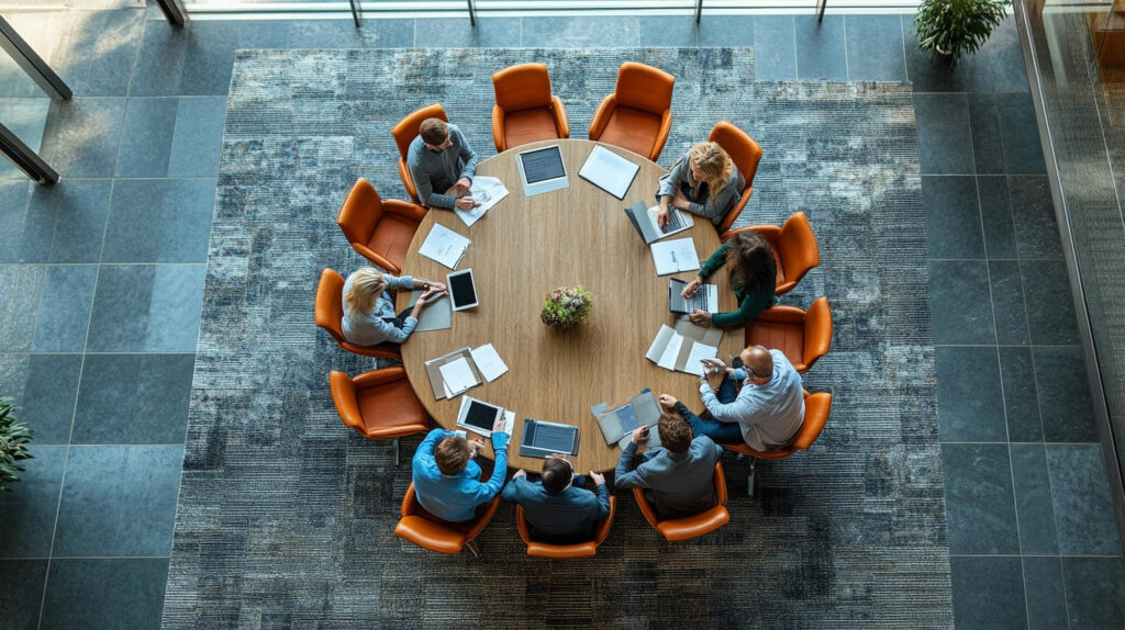 A Customer Roundtable is underway as a group of people sit around a large round table in an office, each with laptops, notebooks, and papers, in a modern, well-lit room with large windows and orange chairs.