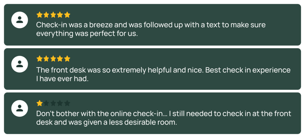 A set of three Review's for Hilton's arrival experience: two with five stars praising check-in and helpful staff, and one with two stars criticizing the online check-in process and room assignment.