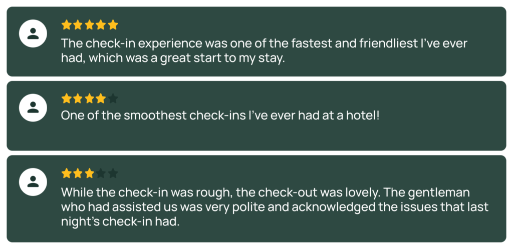 Three hotel guest reviews for IHG's arrival experience: one rates 5 stars for a fast, friendly check-in; another gives 4 stars for a smooth check-in; the third offers 3 stars, citing rough check-in but polite, helpful check-out staff.