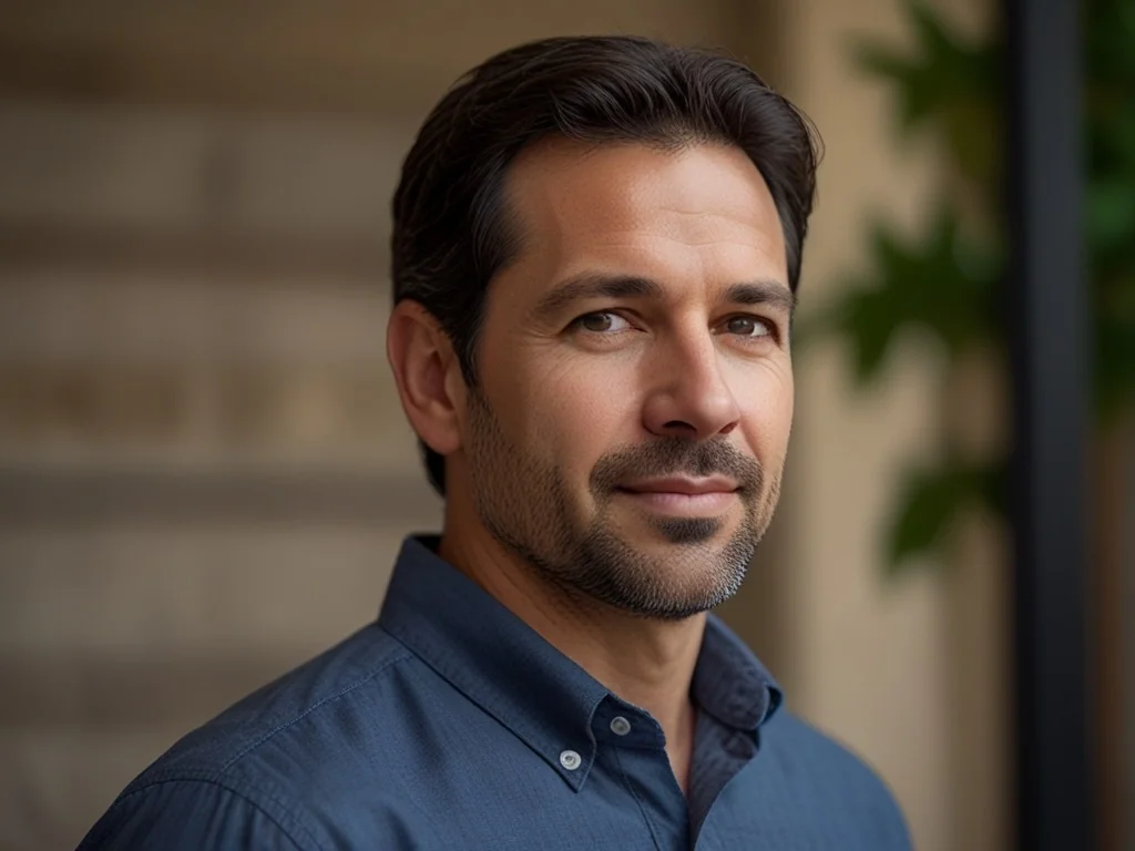 A man with dark hair and a short beard, wearing a blue collared shirt, stands indoors with a neutral background and some greenery, looking at the camera with a slight smile.