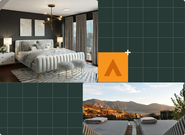 A modern bedroom with a tufted bed and city view, and an outdoor scene with lounge chairs overlooking mountains evoke the feel of a luxury hotel experience, both set against a dark grid background with an orange geometric accent.