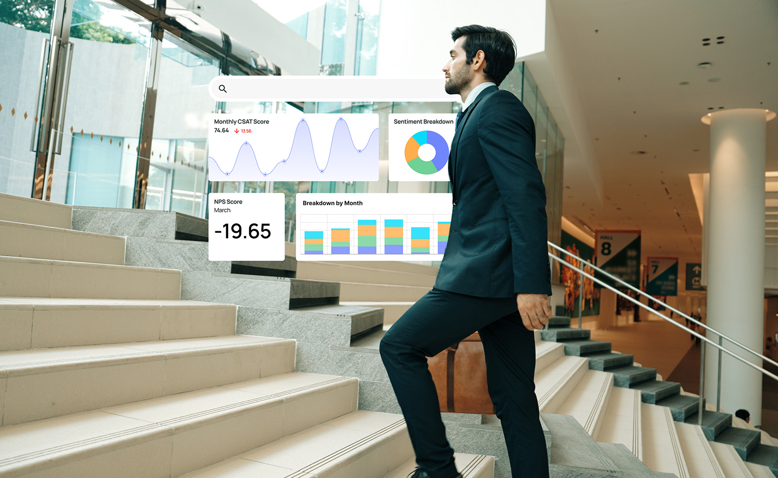 Business man walking up stairs with Alchemer Dashboard UI behind them.