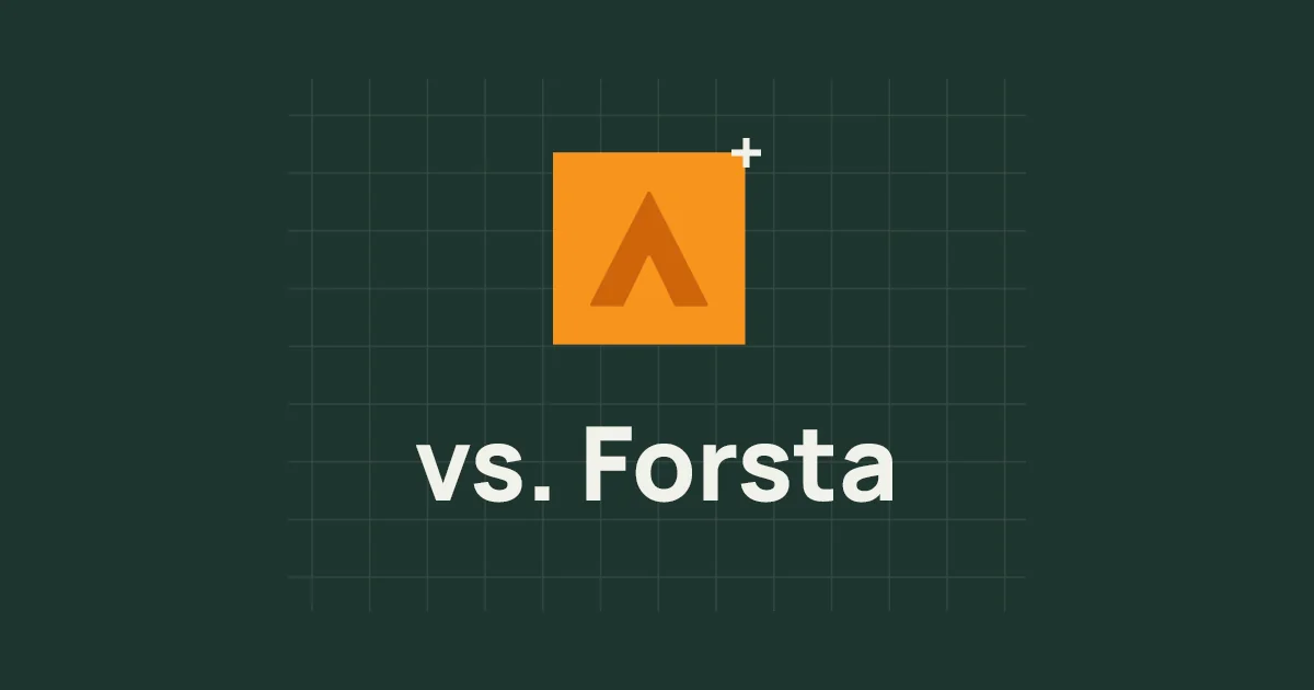 An orange square with the Alchemer Rune logo is centered above the text vs. Forsta on a dark green grid background.