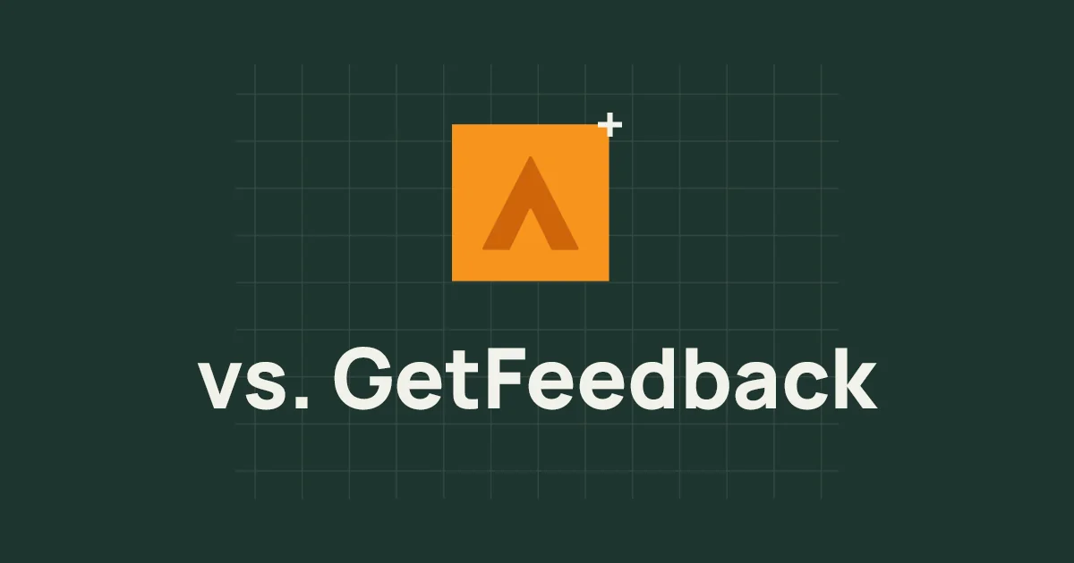 An orange square with the Alchemer Rune logo is centered above the text vs. GetFeedback on a dark green grid background.