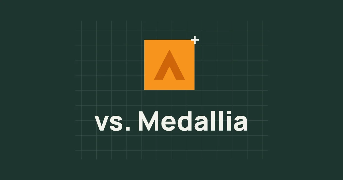 An orange square with the Alchemer Rune logo is centered above the text vs. Medallia on a dark green grid background.