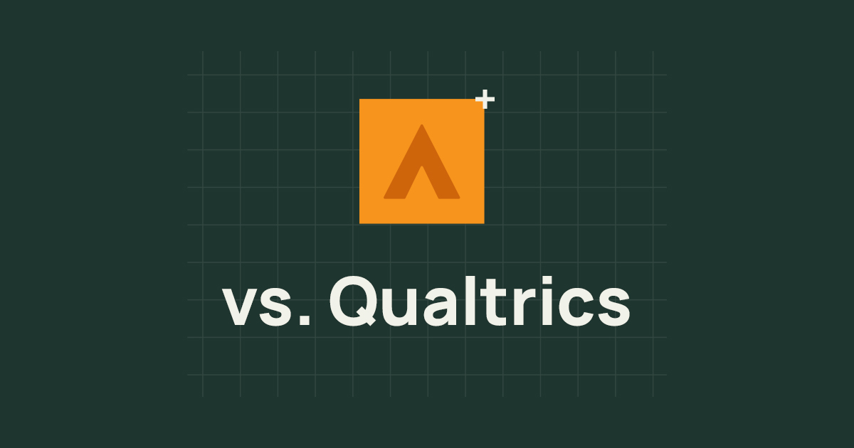 An orange square with the Alchemer Rune logo is centered above the text vs. Qualtrics on a dark green grid background.