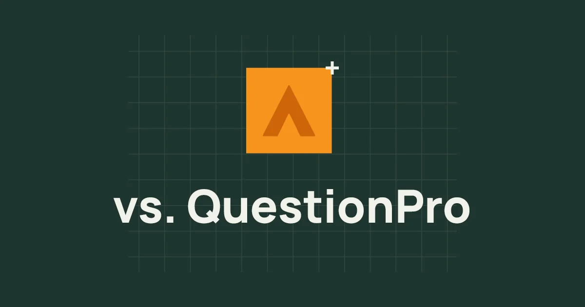 An orange square with the Alchemer Rune logo is centered above the text vs. QuestionPro on a dark green grid background.