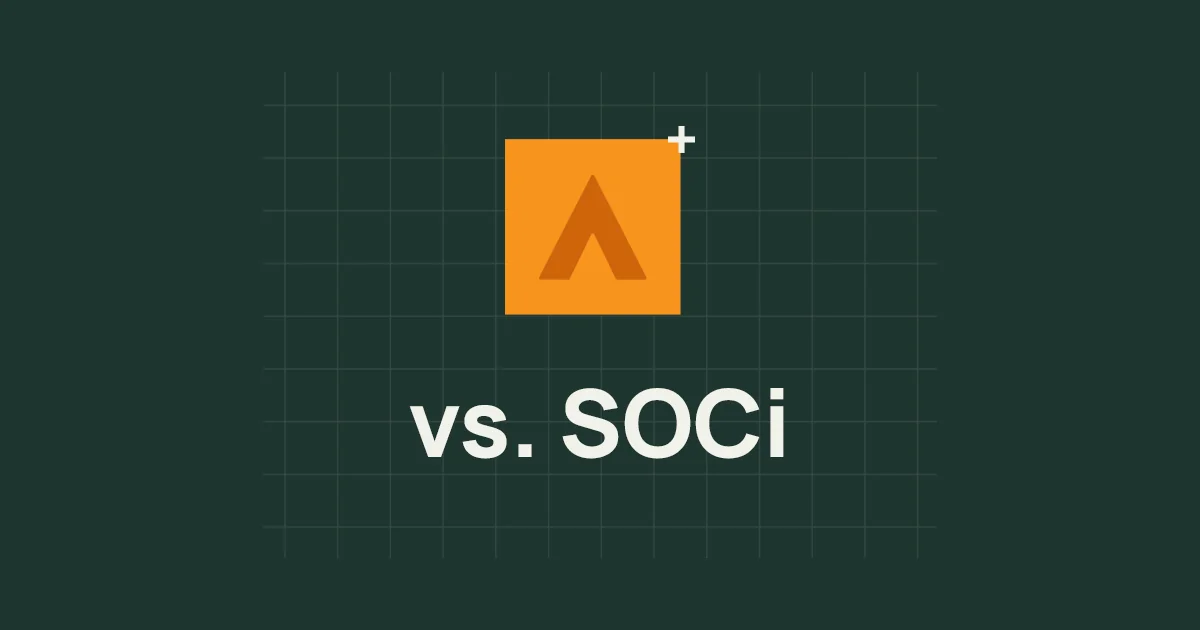 An orange square with the Alchemer Rune logo is centered above the text vs. SOCI on a dark green grid background.