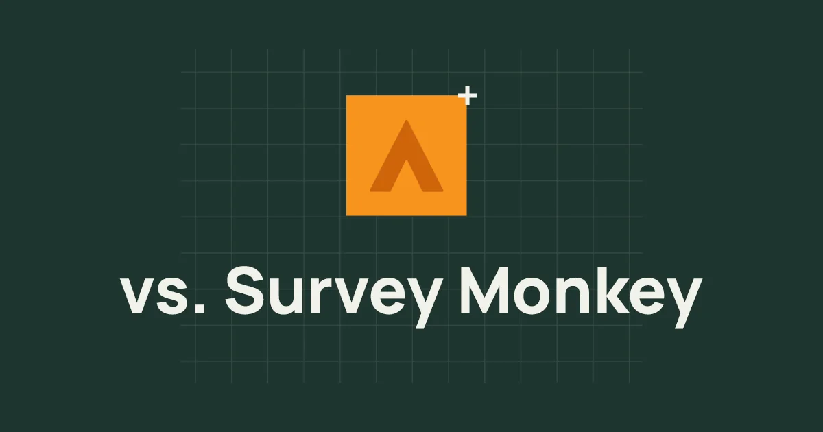 An orange square with the Alchemer Rune logo is centered above the text vs. SurveyMonkey on a dark green grid background.