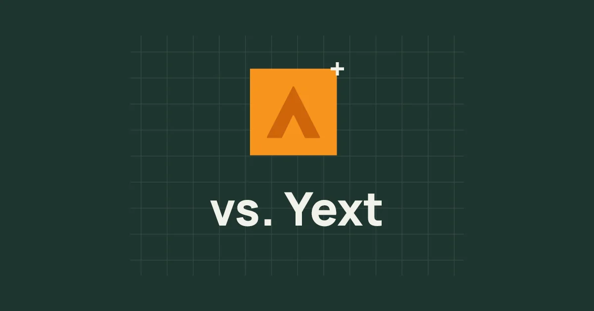 An orange square with the Alchemer Rune logo is centered above the text vs. Yext on a dark green grid background.
