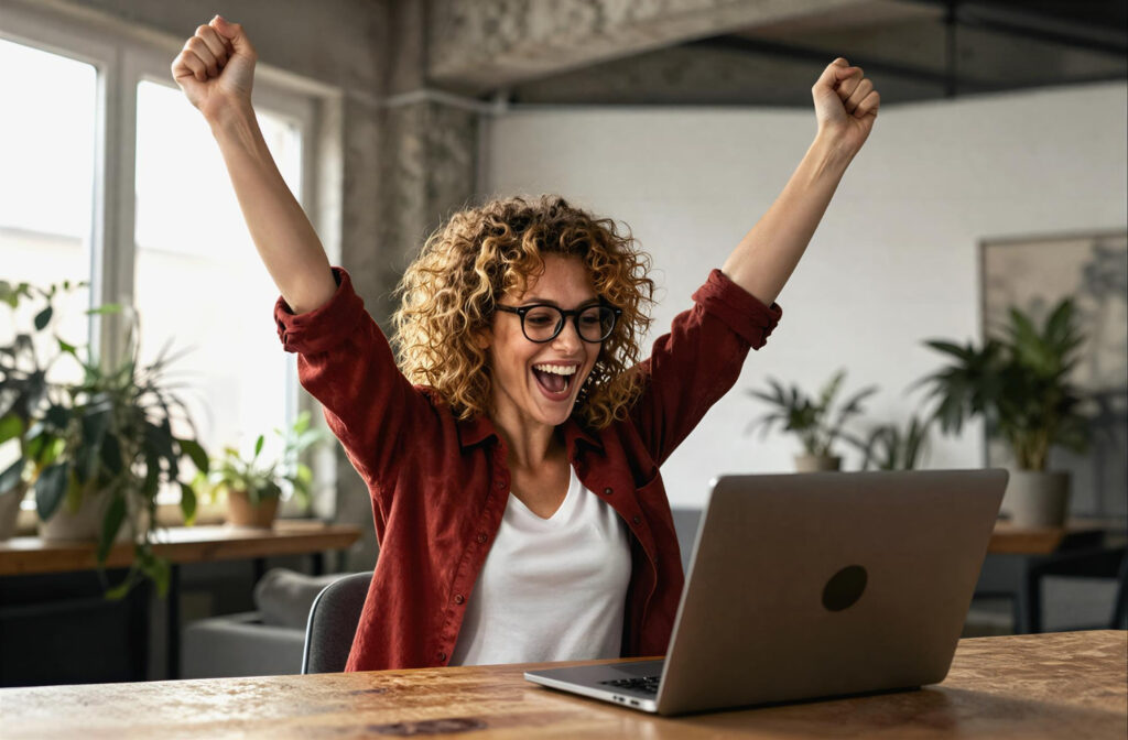 Woman celebrating with raised arms while sitting at a laptop in a home office, expressing success.