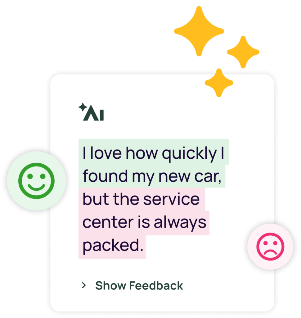 Alchemer AI customer feedback popup with the text I love how quickly I found my new car, but the service center is always packed.