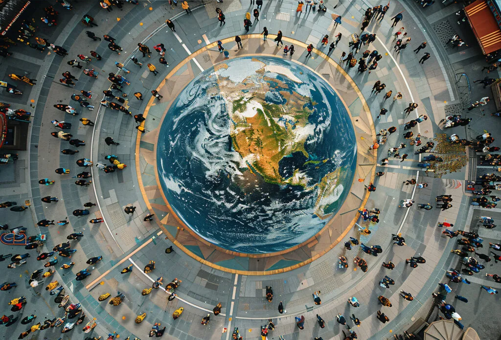 View from above of people with an Earth in the middle