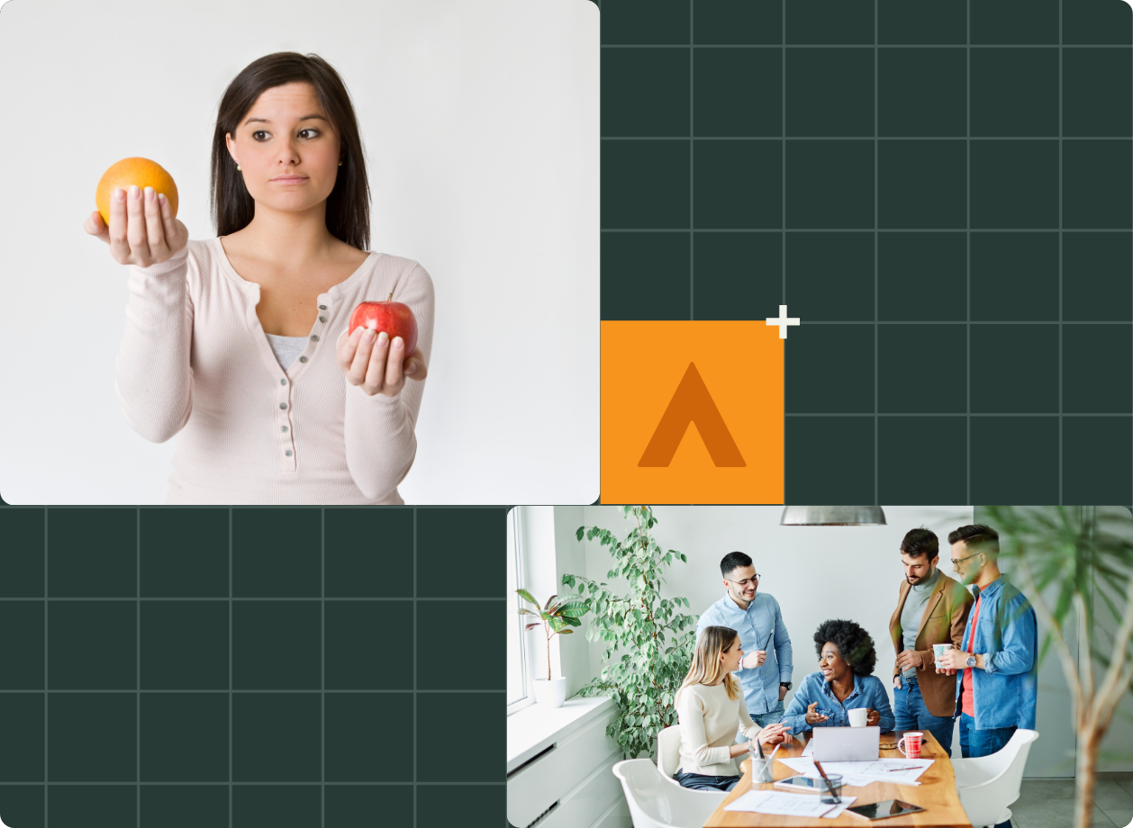 Collage with two images: one shows a woman holding an orange and apple while the other shows a group of people around a table in an office. Background is a dark grid with a small, abstract triangular logo.