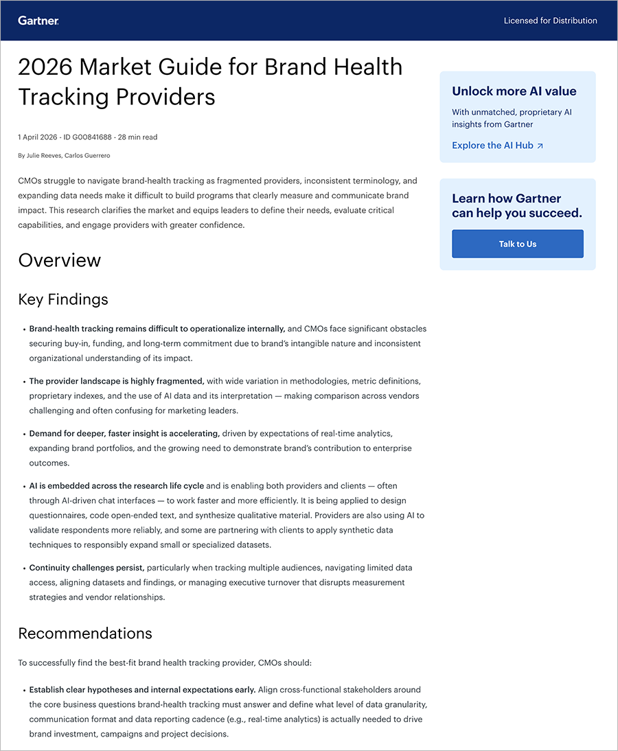 Screenshot of a Gartner report titled “2026 Market Guide for Brand Health Tracking Providers.” The page includes an overview, key findings, and a sidebar with links to learn about AI and Gartner’s research.