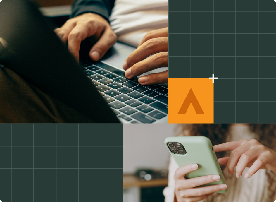 A split-screen image shows hands typing on a laptop keyboard in the upper left and hands holding a green smartphone in the lower right, with a grid background and an orange alchemer rune logo in the center-right.