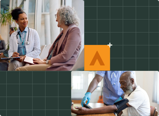 A doctor talks with an older woman in an office, while in another scene, a healthcare worker checks an older mans blood pressure. The background has a grid pattern with an orange Alchemer rune logo.