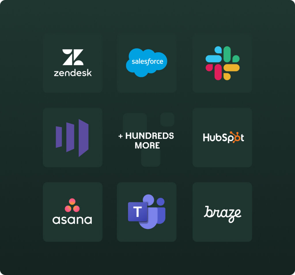 A grid of eight app logos, including Zendesk, Salesforce, Slack, HubSpot, Asana, Microsoft Teams, and Braze, with text in the center reading + HUNDREDS MORE on a dark background.