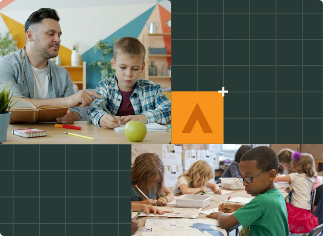 Father helping son with his homework. And students working a project in their classroom