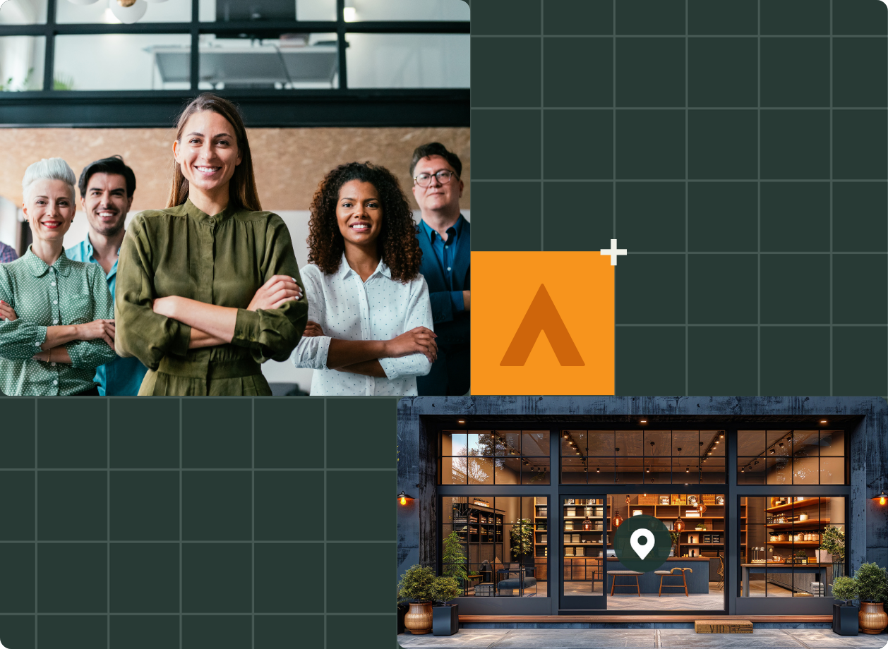 Collage with two images: one shows a diverse group of people and the other a storefront. Background is a dark grid with a small, abstract triangular logo.