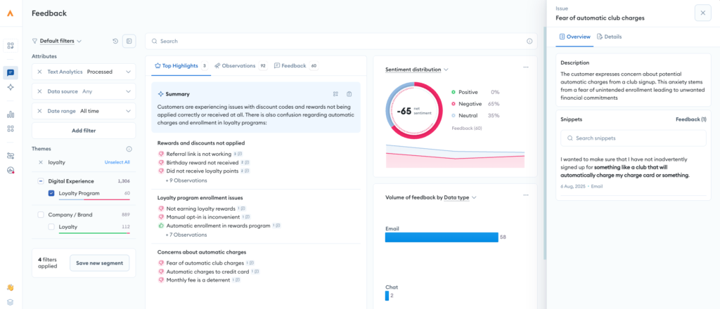 A Alchemer Pulse dashboard displaying feedback analysis with filters on the left, summary and sentiment insights in the center, and detailed feedback about fear of automatic club charges on the right. Charts and lists are shown throughout.