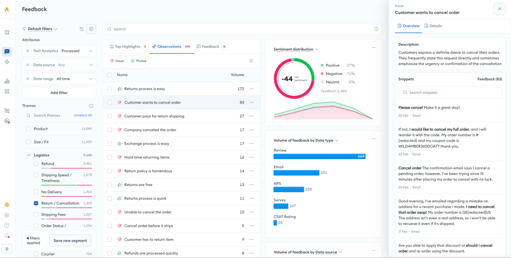 A screenshot of Alchemer Pulse dashboard displays a list of customer feedback topics, sentiment analysis with a gauge and stats, a volume graph, and detailed feedback on canceling orders, all organized in columns with filters and highlights.