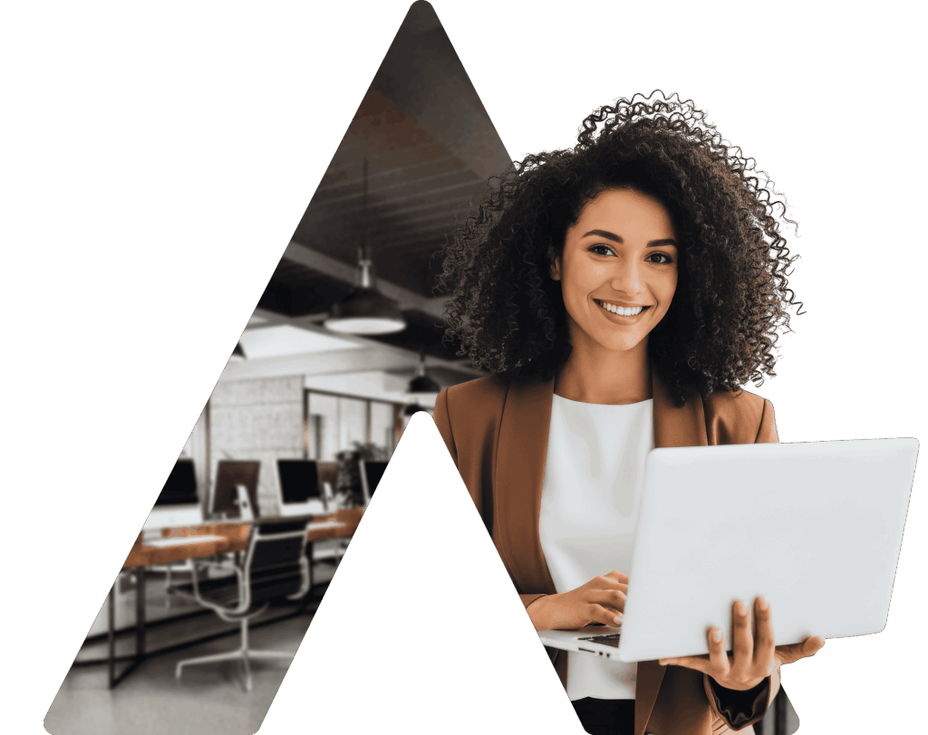 A woman smiling holding a laptop coming out of Alchemer's rune graphic.