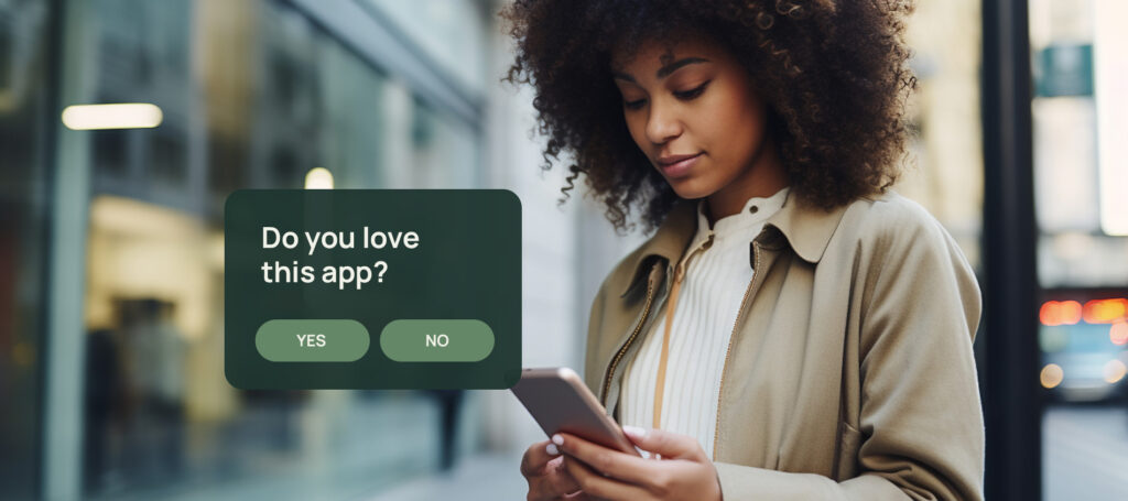 Woman using a smartphone outdoors beside a digital pop-up survey asking, “Do you love this app?” with yes and no response buttons.
