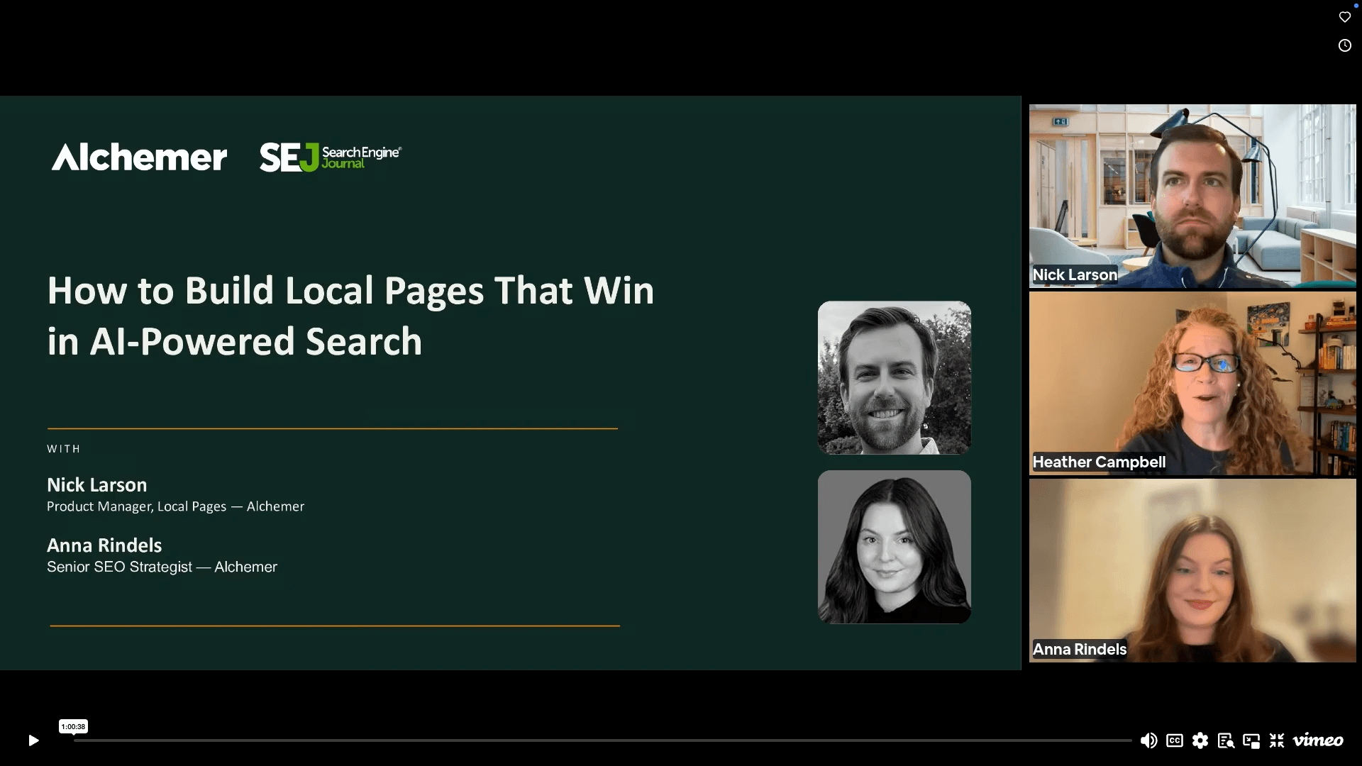 A webinar slide titled “How to Build Local Pages That Win in AI-Powered Search” with speaker names Nick Larson and Anna Rindels. Four presenters are visible in video call windows on the right side.