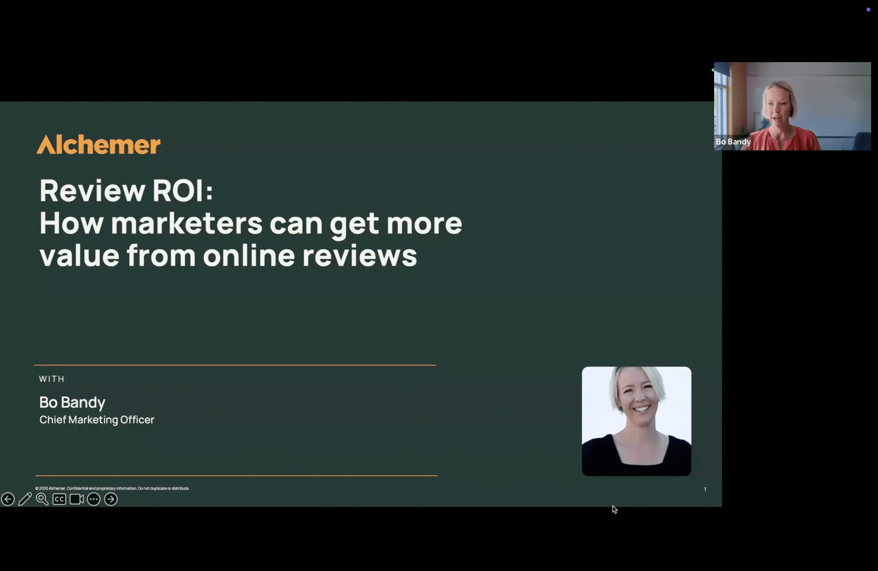 Webinar title slide from Alchemer, "Review ROI: How marketers can get more value from online reviews," presented by Chief Marketing Officer Bo Bandy, with speaker headshots displayed.