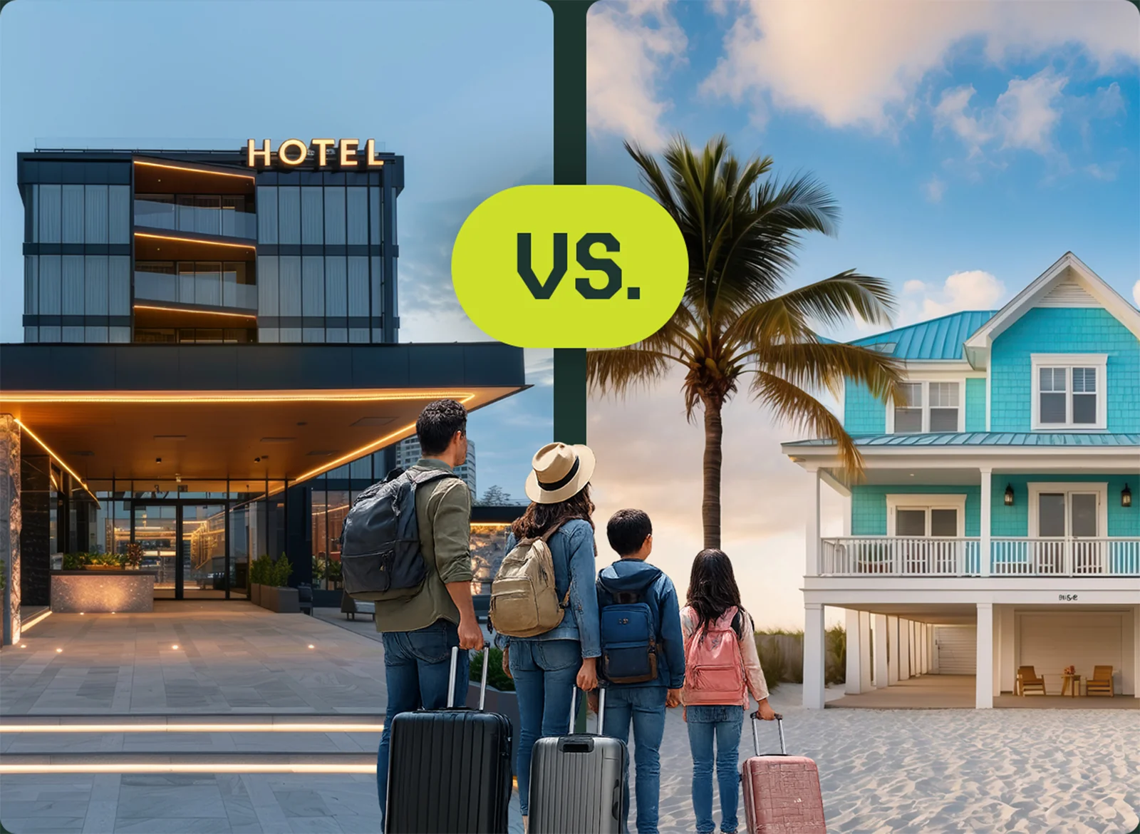 Split-screen graphic comparing a modern hotel and a beachside vacation rental, with a traveling family in the foreground representing hospitality accommodation choices.