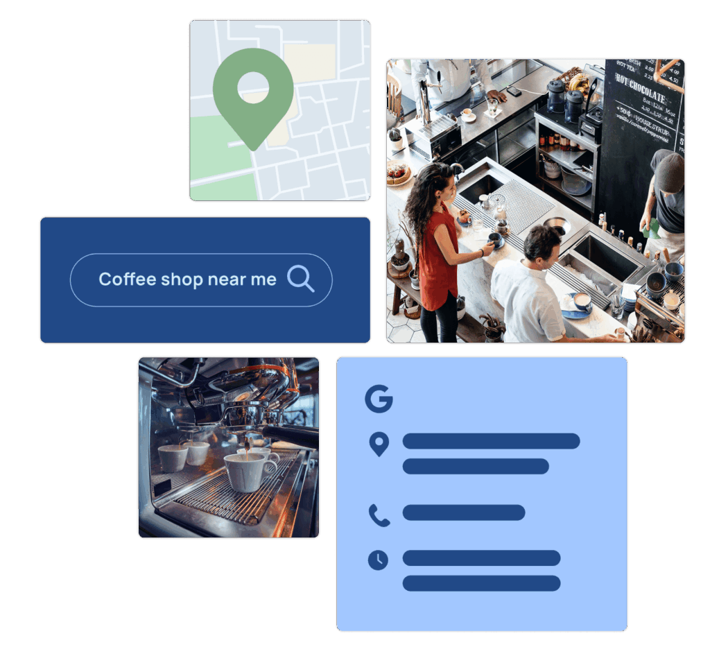 Graphic illustrating multi-location SEO with a map pin, “coffee shop near me” search, coffee shop imagery, and a local business listing.