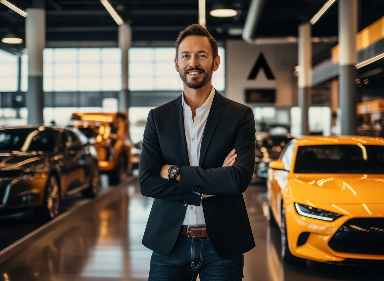 Automotive dealership professional standing in a showroom, representing leadership and customer experience in the automotive industry.