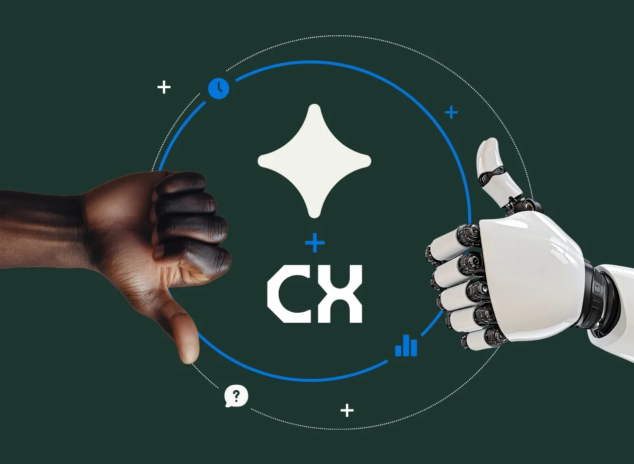 Human hand giving a thumbs down beside a robot hand giving a thumbs up, with “CX” between them.