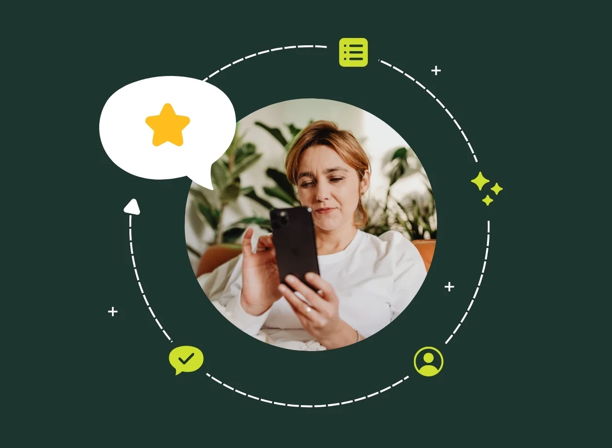 Woman checks her phone inside a circular graphic of star rating, review, customer, and response icons representing the lifecycle of a review.