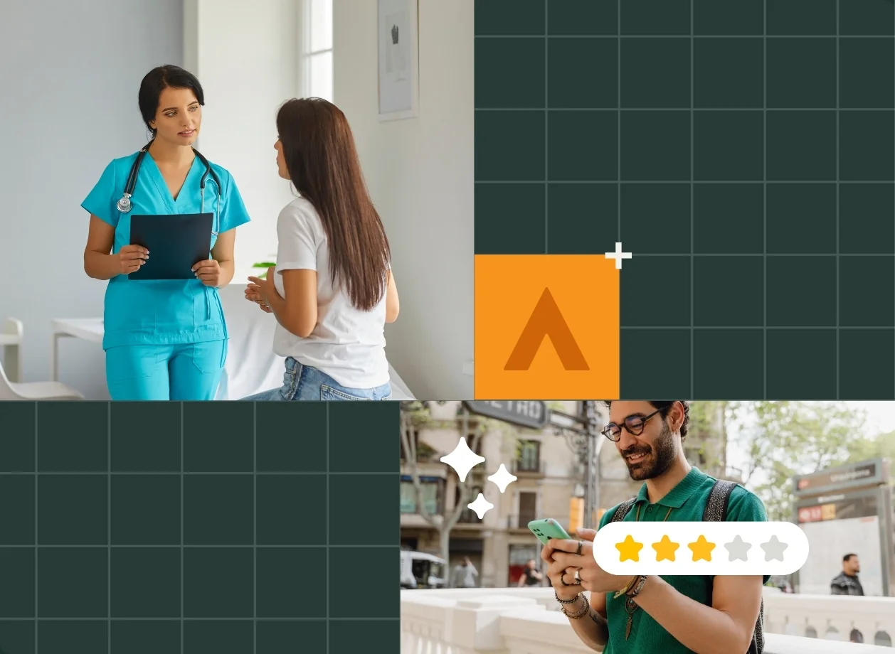 Healthcare worker speaks with a patient while a person checks a phone beside a three out of five star rating graphic.